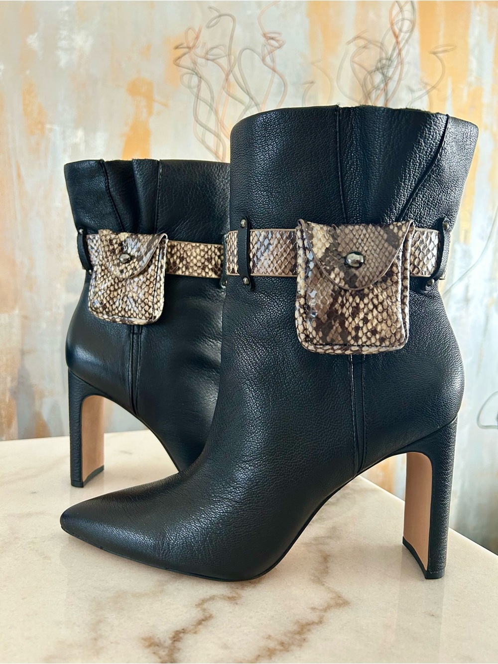 Jessica Simpson Women’s Black Leather Ankle Boots with Snake-Print Pocket Belt